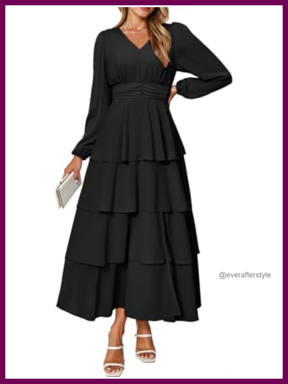 Womens Chiffon Maxi Dress Long Sleeve V Neck Ruffle Tiered Casual